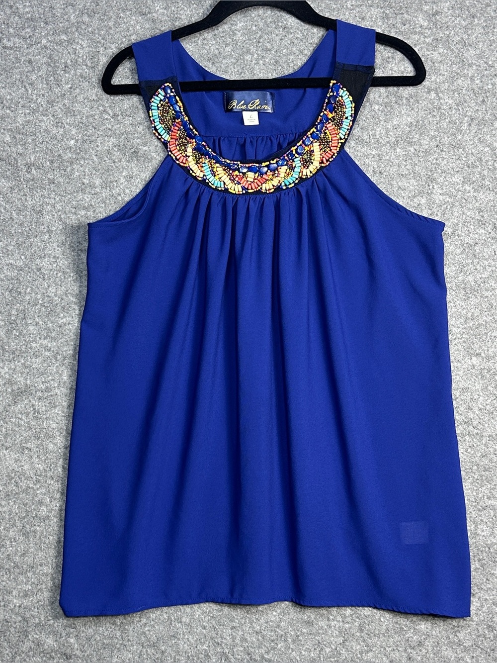 Blue Rain L Sleeveless Blue Beaded Flowy Top Boho Gypsy Tribal Festival Fashion